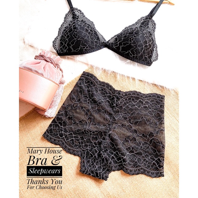 Set bralette ren mút ngực quần Đùi Đen Hoa Văn Mary House Bra & Sleepwears | BigBuy360 - bigbuy360.vn
