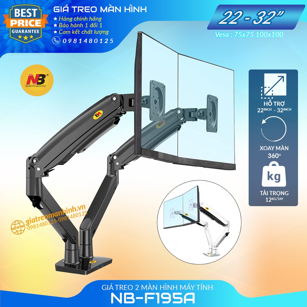 Giá Treo 2 Màn Hình NB-F195A Hỗ Trợ Màn 22 -32 Inch / Tải Trọng 12Kg 1 Tay - Lắp Đặt Kẹp Bàn & Vít Xuyên Bàn