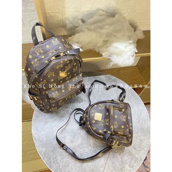 balo thời trang đi học on hoạ tiết chữ m nâu(ảnh thật)