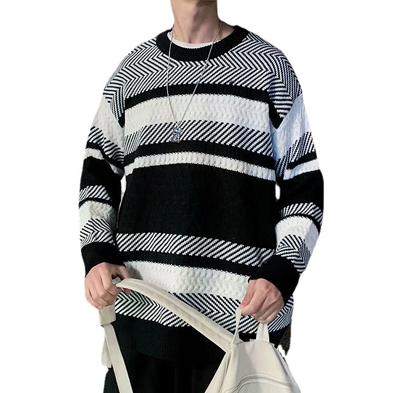 Áo sweater dệt kim dáng rộng tay dài kẻ sọc thời trang thu đông phong cách Nhật Bản cho nam size M-2XL