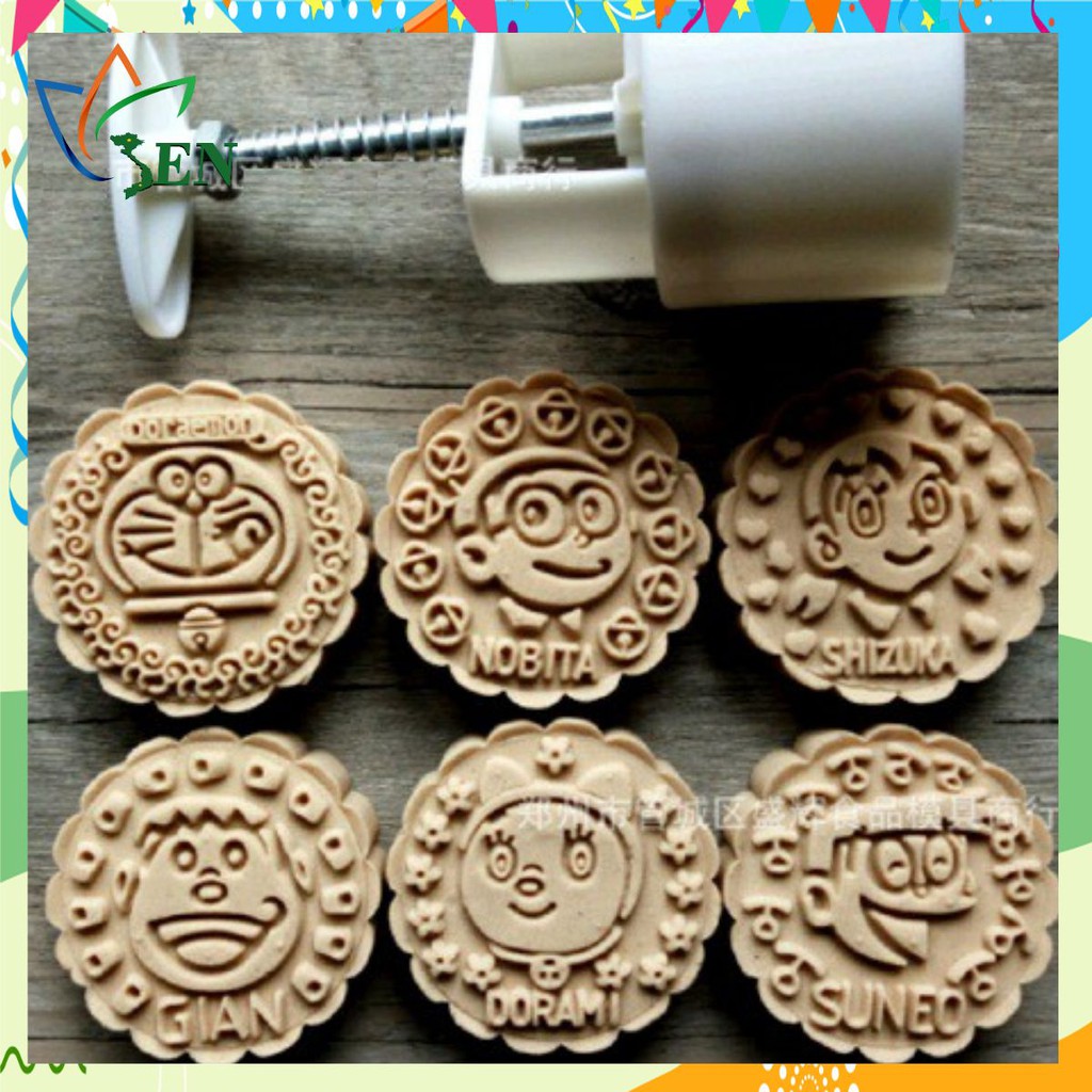 Trọn bộ 6 khuôn bánh trung thu, ép xôi cỡ trung, dạng tròn, hình Đôrêmon