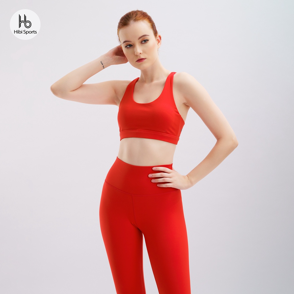 Set đồ tập yoga gym Luxury Hibi Sports H145 4 dây đan VX, size mới, màu Đỏ Cherry kèm mút ngực, vải cao cấp Hi Fabric