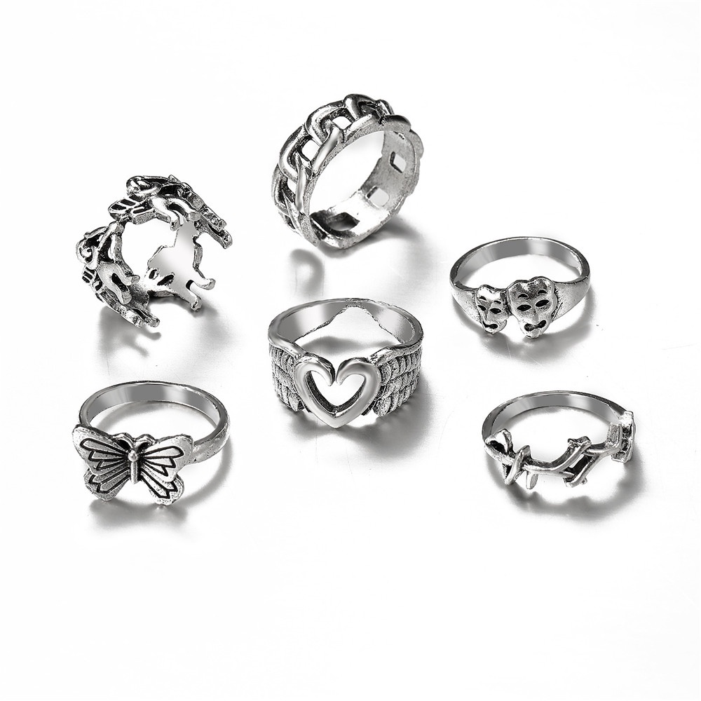 6pcs/set Nepalese Ring Retro Joint Ring Creative Heart Butterfly Ancient Silver Joint Ring Fashion Accessories Jewelry