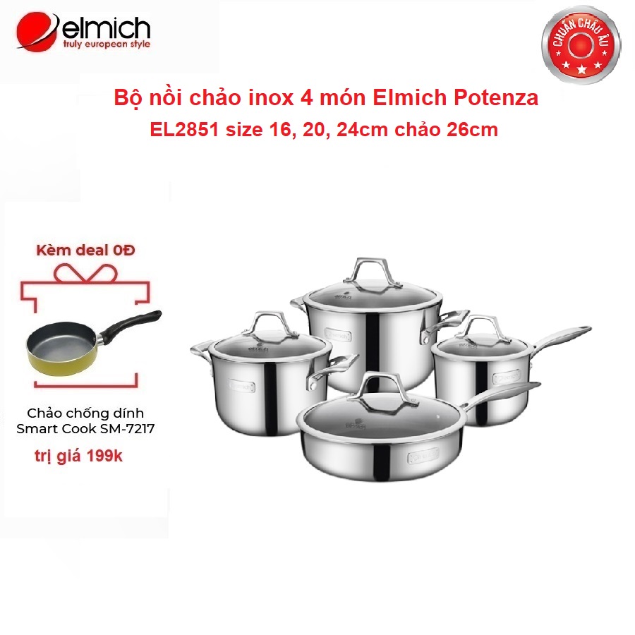 [Mã LIFECPMALL giảm 12% đơn 250K] Bộ nồi chảo inox Elmich Potenza EL2851