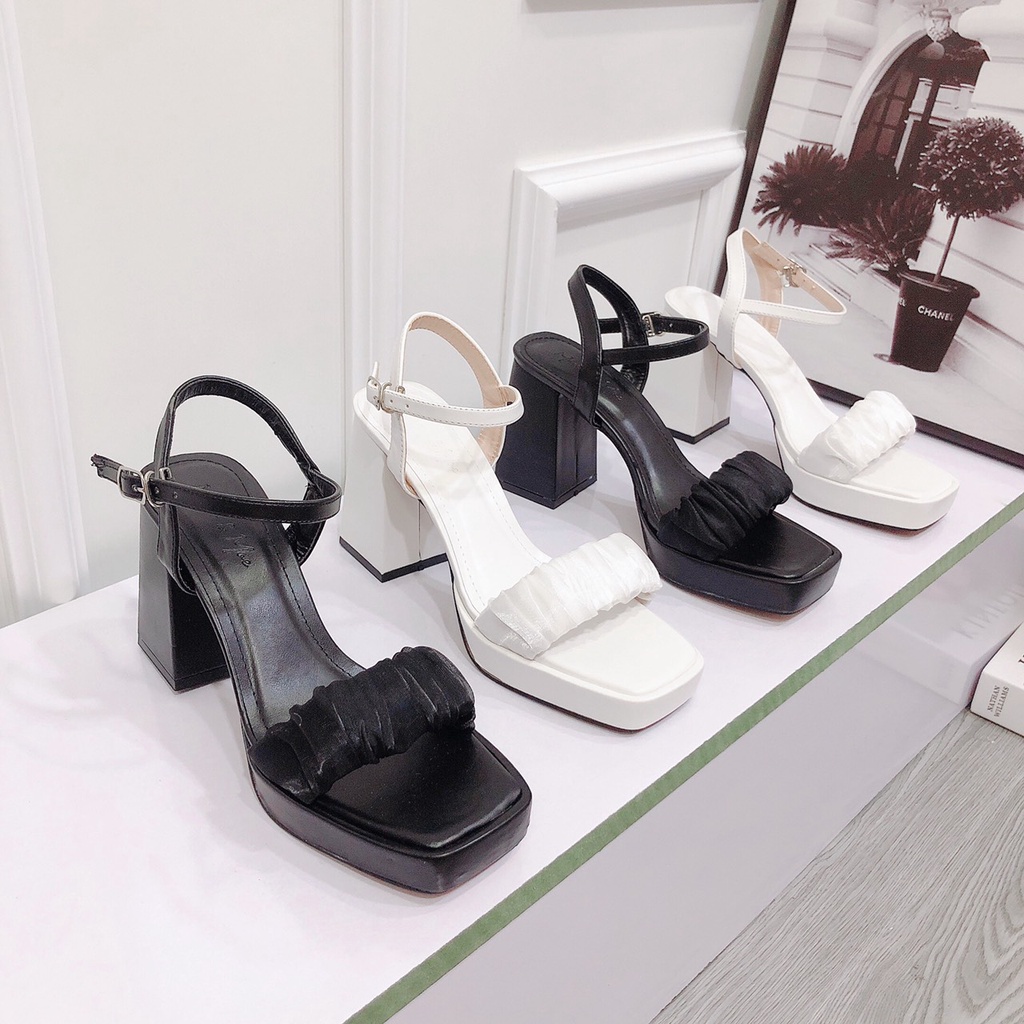 Sandal Cao Gót 9p Mũi Đúp 2p Quai Ngang Lụa Nhúm Cute Lên Chân Cực Xinh - Sandal Nữ Gót Vuông ChiChanh Store