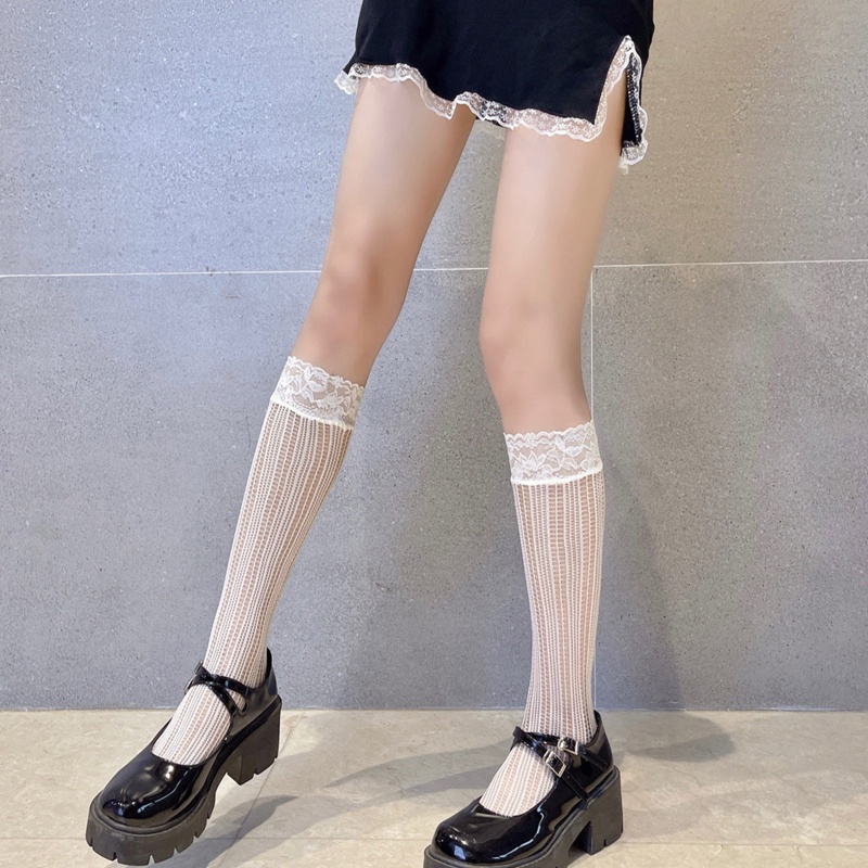 Xiangbao Vớ Ống Cao Ngang Bắp Chân Phối Ren Lưới Kẻ Sọc Trái Tim Ghép Nối Kiểu Lolita Nhật Bản Cho Nữ Có Sẵn