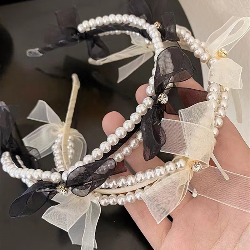 Băng Đô Cài Tóc Đính Hạt Ngọc Trai Và Nơ Xinh Xắn