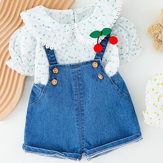 Set yếm jean bé gái kèm áo cổ sen size từ sơ sinh 1 2 3 4 tuổi MINTSCLOSET Mint's Closet - s1171