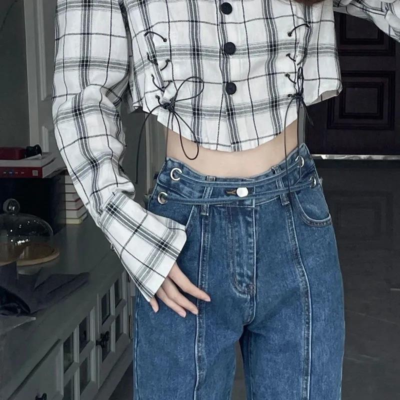 Jiashucheng Hàng Có Sẵn Quần Jean Ống Rộng Lưng Cao Kiểu Năm Mới