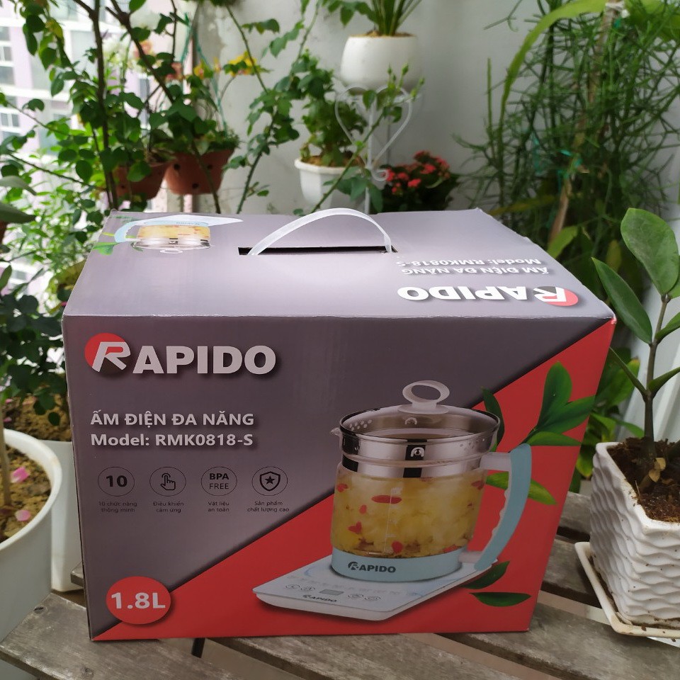 (Freeship) Ấm điện đa năng Rapido RMK0818-S dùng để pha trà, cà phê, hầm cháo, nấu mỳ tôm, súp, lẩu, làm sữa chua…