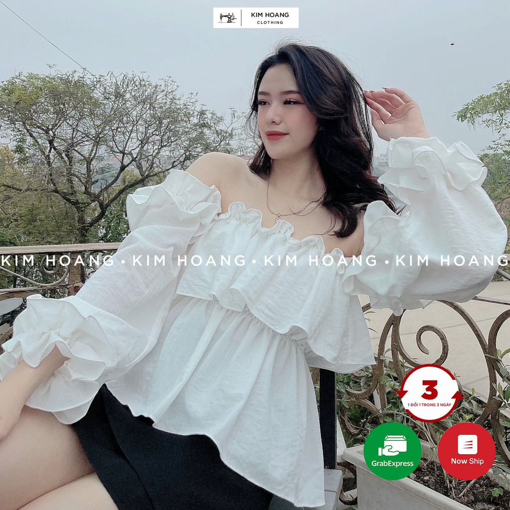 Áo hơt vai croptop tay bồng trễ vai bèo nhún - Áo thiết kế bánh bèo - Linen Top