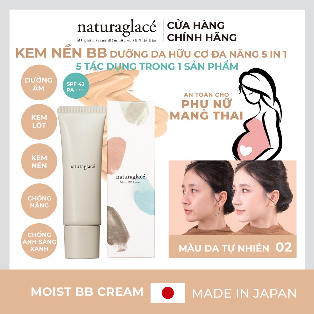 Kem nền hữu cơ naturaglacé Moist BB cream (02 - Màu da tự nhiên), chống nắng SPF43 PA+++, 27g