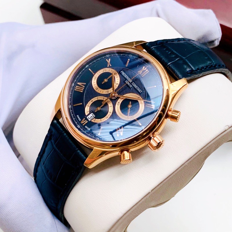 Đồng Hồ Frederique Constant Chonograph Quartz Blue ( FC-292MNG5B4 ) Mặt Xanh Niền Rose Dây Da Xanh Dành Cho Nam