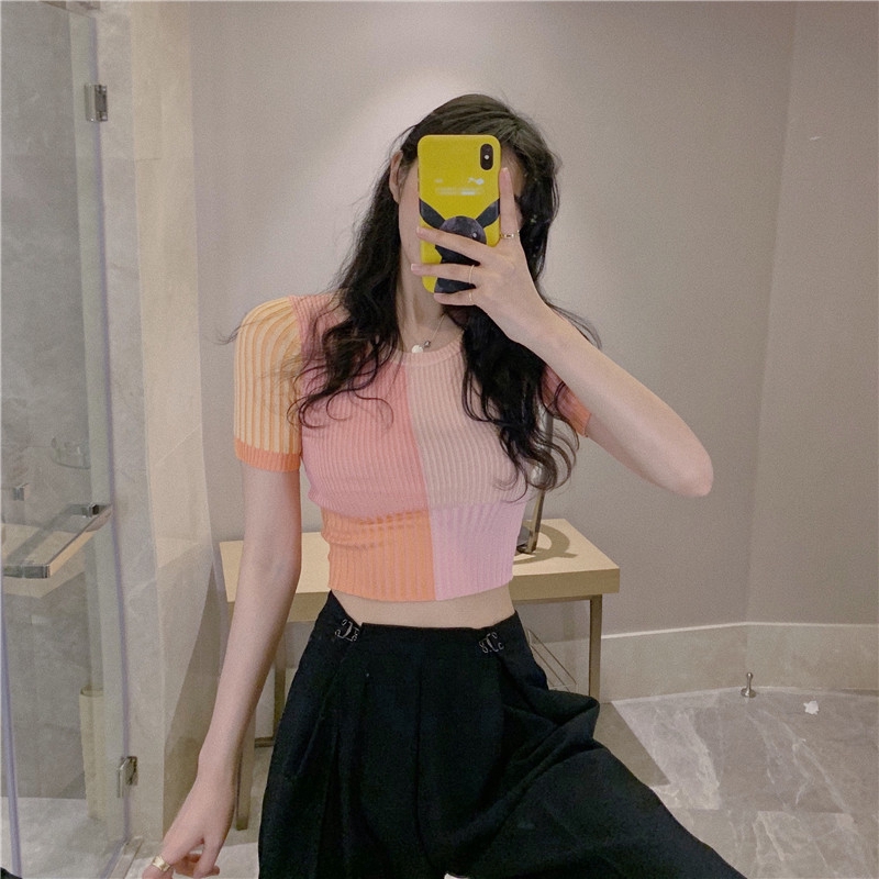 SUXI Summer fashion new striped short-sleeved knitted T-shirt