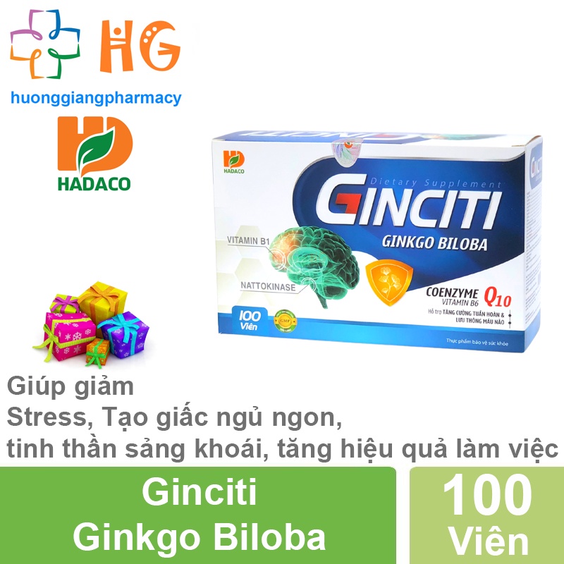 Bổ não Ginciti Ginkgo Biloba hoạt huyết dưỡng não giảm đau đầu hoa mắt chóng mặt tê bì chân tay Hộp 100 Viên