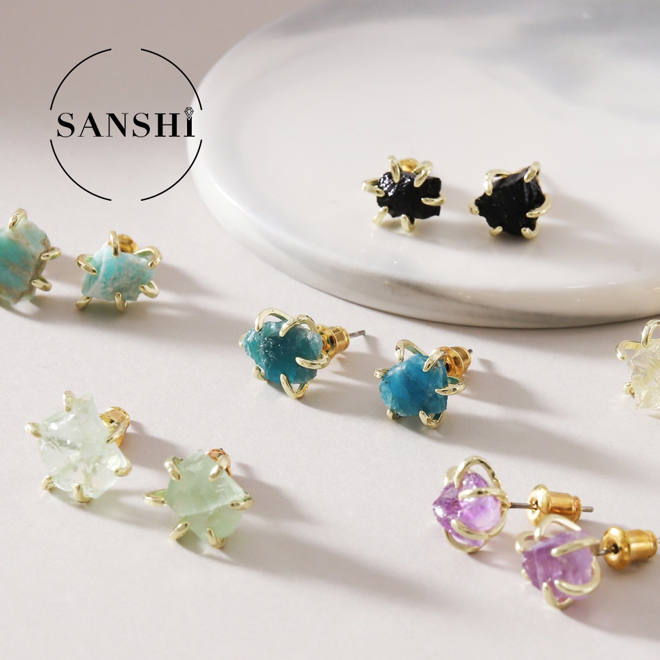 1 Đôi Bông Tai Bằng Thép Không Gỉ Xỏ Đá Thô Tự Nhiên Màu Hồng / Tím / Vàng Phong Cách retro Thanh Lịch Dành Cho Nữ