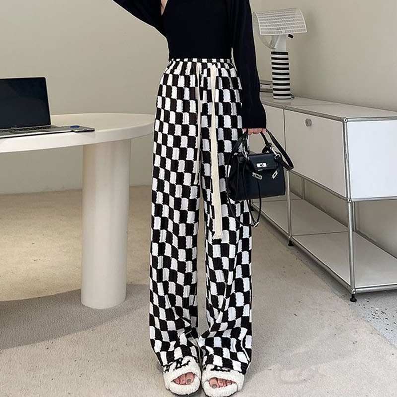 Quần dài IELGY eo cao in họa tiết caro thời trang cho nữ