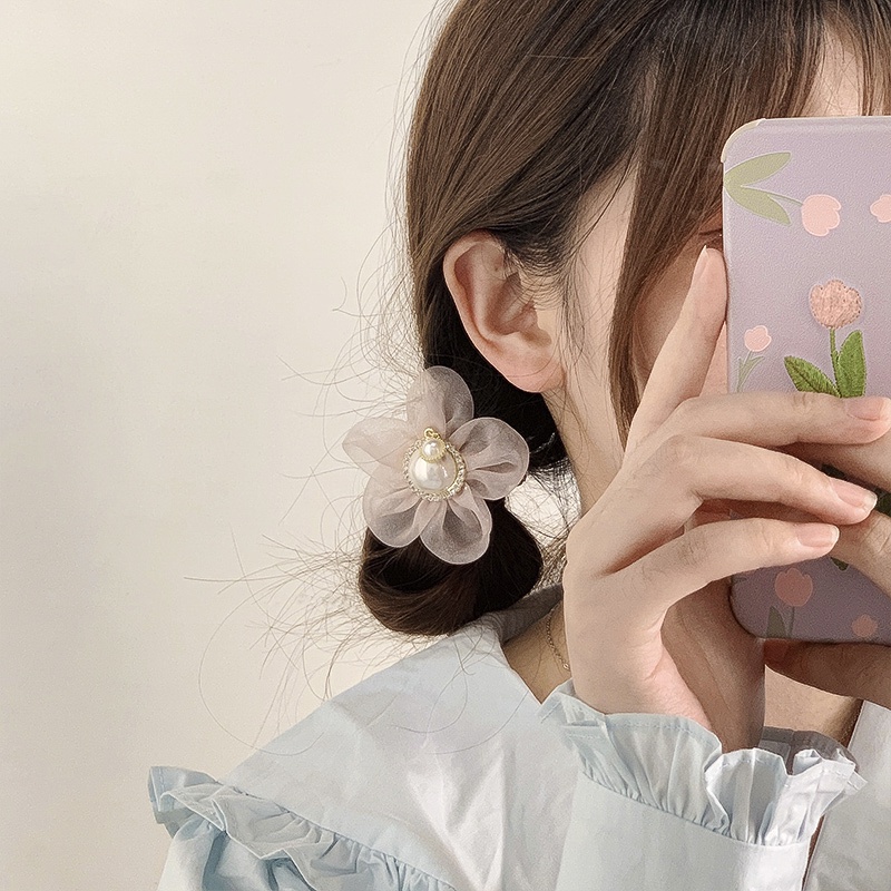 Dây Cột Tóc Ren Hoa Đính Ngọc Trai Nhân Tạo Phong Cách Hàn Quốc