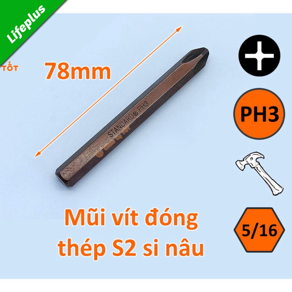 Mũi vít đóng 4 cạnh PH3 Standard si nâu dài 78mm