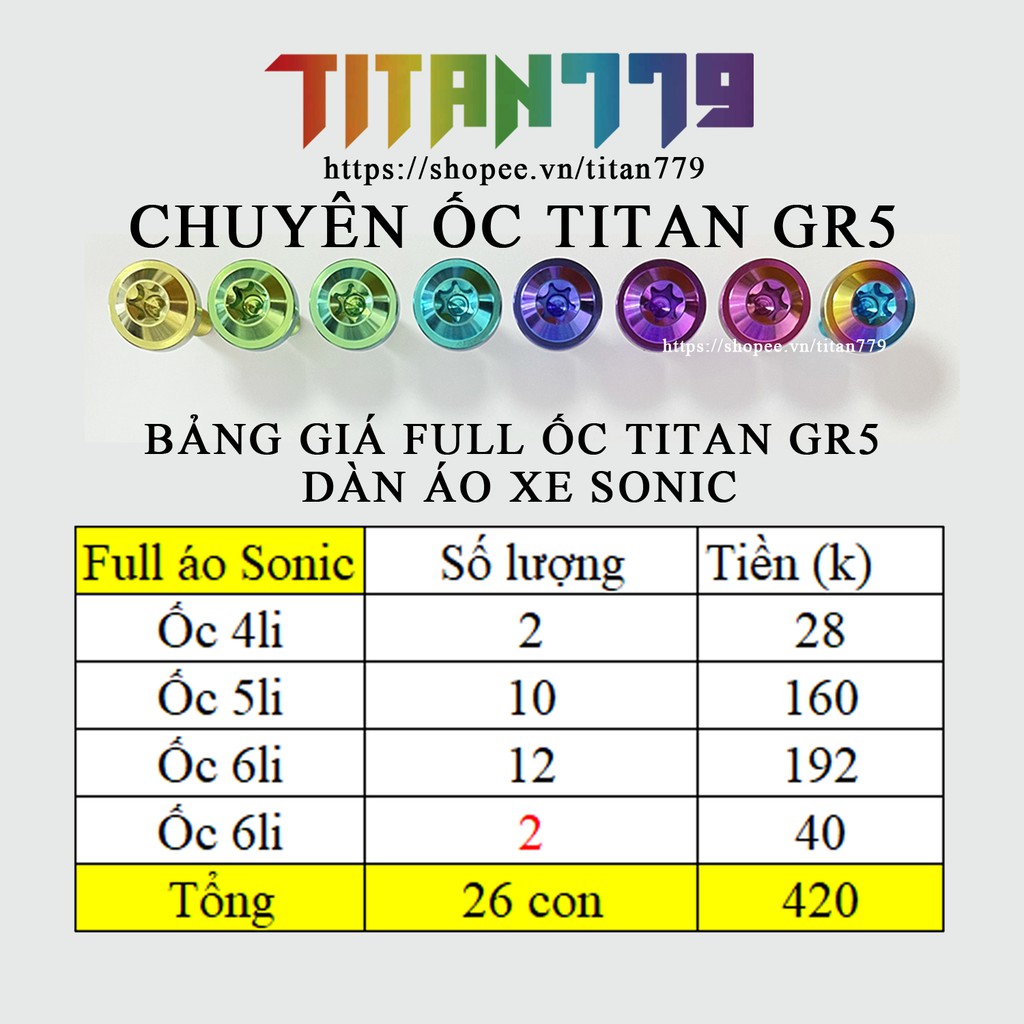  (102) Full bộ 26 ốc Titan Gr5 dàn áo xe Sonic bắt dàn áo, ốp pô, bình dầu