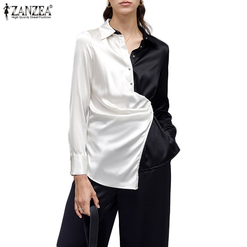 Áo ZANZEA màu trơn tay dài cổ bẻ thiết kế lệch tà phong cách thanh lịch thời trang cho nữ