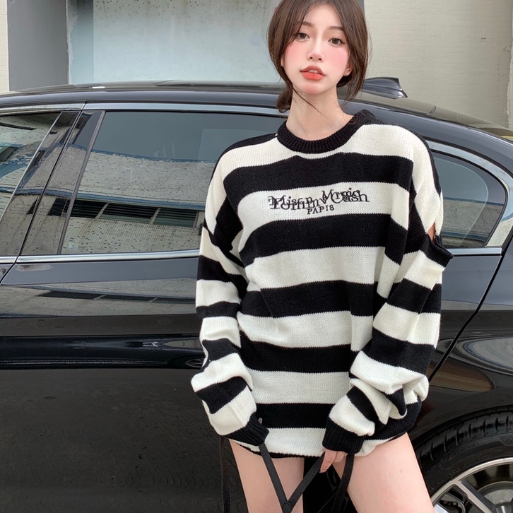Áo Sweater Dáng Rộng Thêu Họa Tiết Sọc Xinh Xắn Dành Cho Nữ
