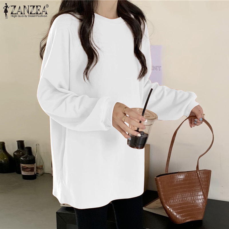 Áo kiểu dài tay ZANZEA cổ tròn màu trơn thời trang cho nữ