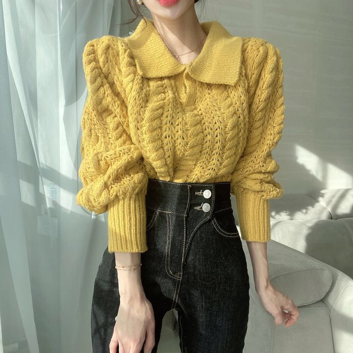Áo Len Tay Phồng Dài Dáng Rộng Phong Cách Hàn Quốc Thời Trang Mùa Thu Cho Nữ