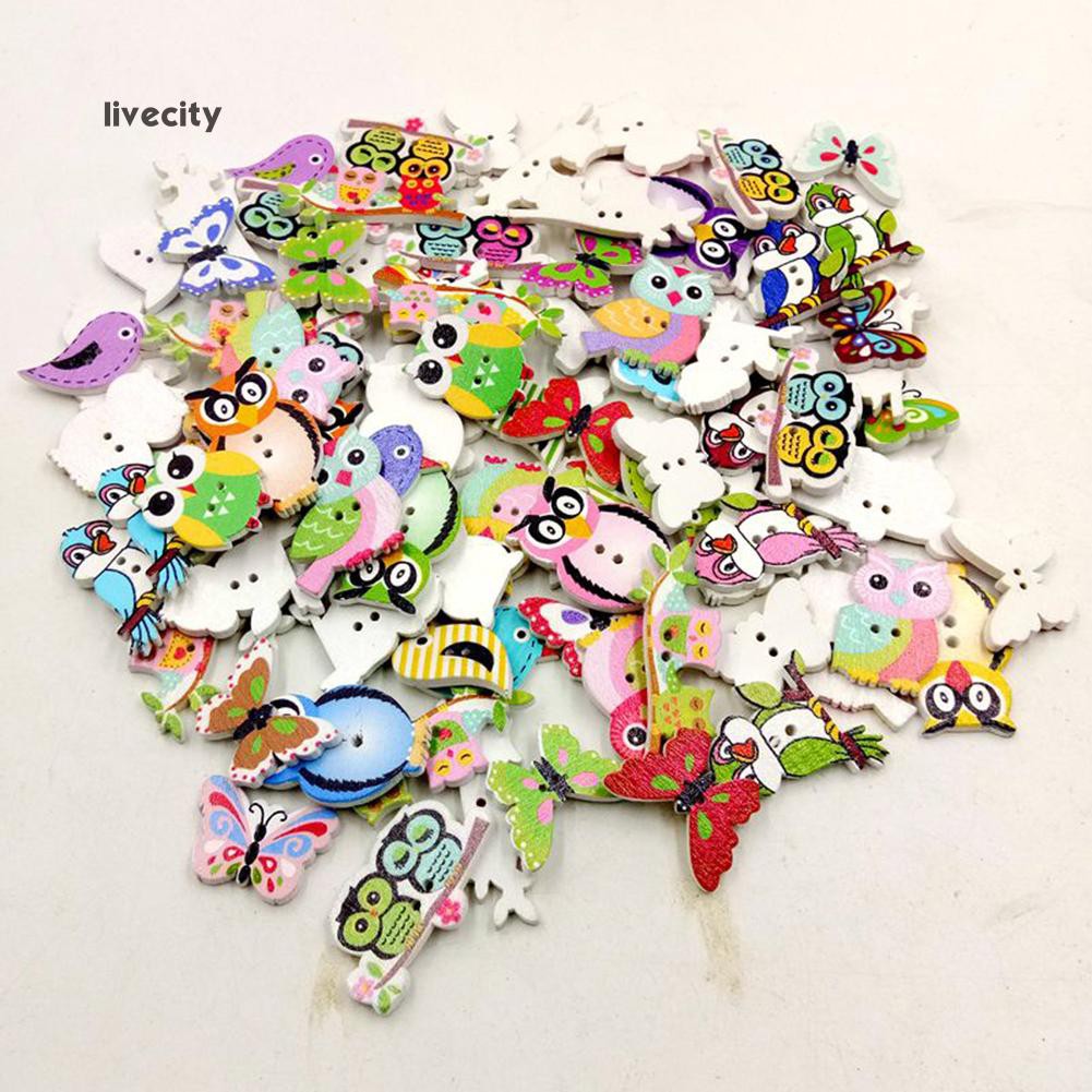 Set 50 Nút Gỗ 2 Lỗ Hình Động Vật Hoạt Hình Đáng Yêu
