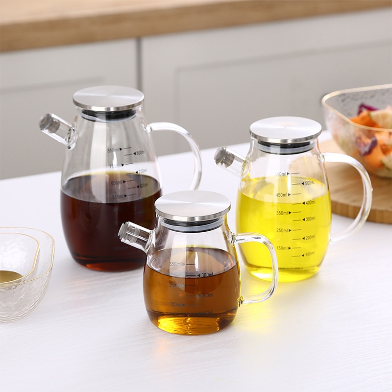 SALE Chai lọ bình nắp inox trắng 304 đựng dầu ăn, nước tương, nước mắm thủy tinh chia vạch chịu nhiệt độ cao 350ml