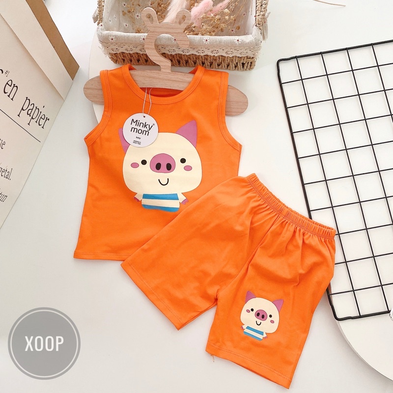 Sale !!! Bộ Ba Lỗ Cotton 100% Hàng Minky  Mom Họa Tiết Lợn-Cam Cho Bé (Size từ 8-18kg) (1471) Shop Phúc YẾn