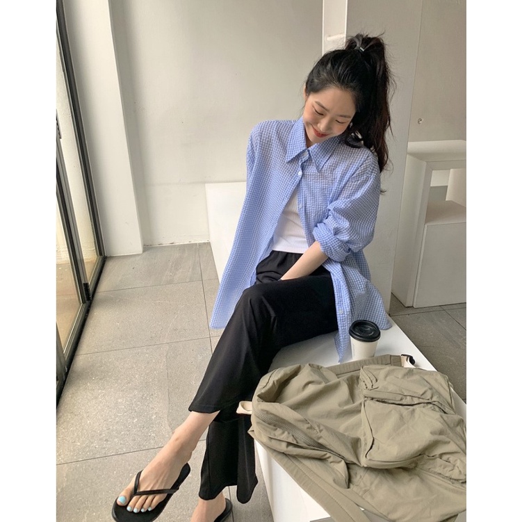 Áo sơ mi XIAOZHAINV cho nữ dáng rộng họa tiết caro phong cách Hàn Quốc