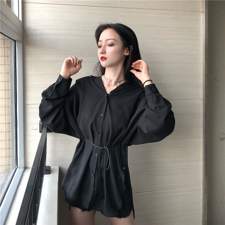 Áo sơ mi nữ dáng rộng cổ chữ V tay dài