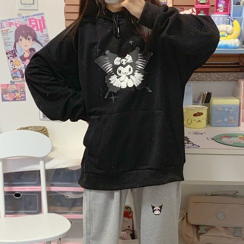 > Áo Nỉ Nhật Bản > Áo Khoác Dày Dặn Phong Cách Học Sinh Nhật Bản In Hình Kuromi Màu Tối Thời Trang Thu Đông