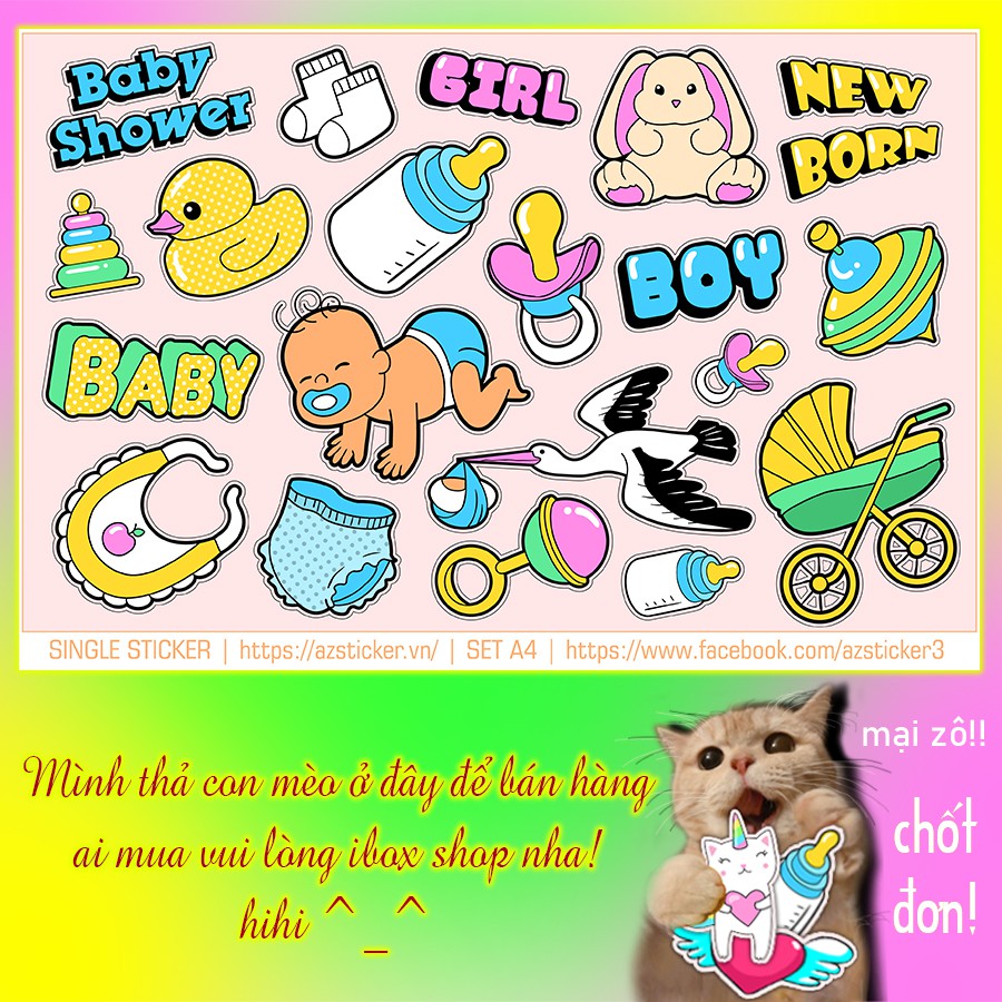 Sticker Dán Laptop , Sticker Dán Điện Thoại , Hình Dán Tem Xe , Sticker Dán Nón Bảo Hiểm | Set A4 Baby Cute