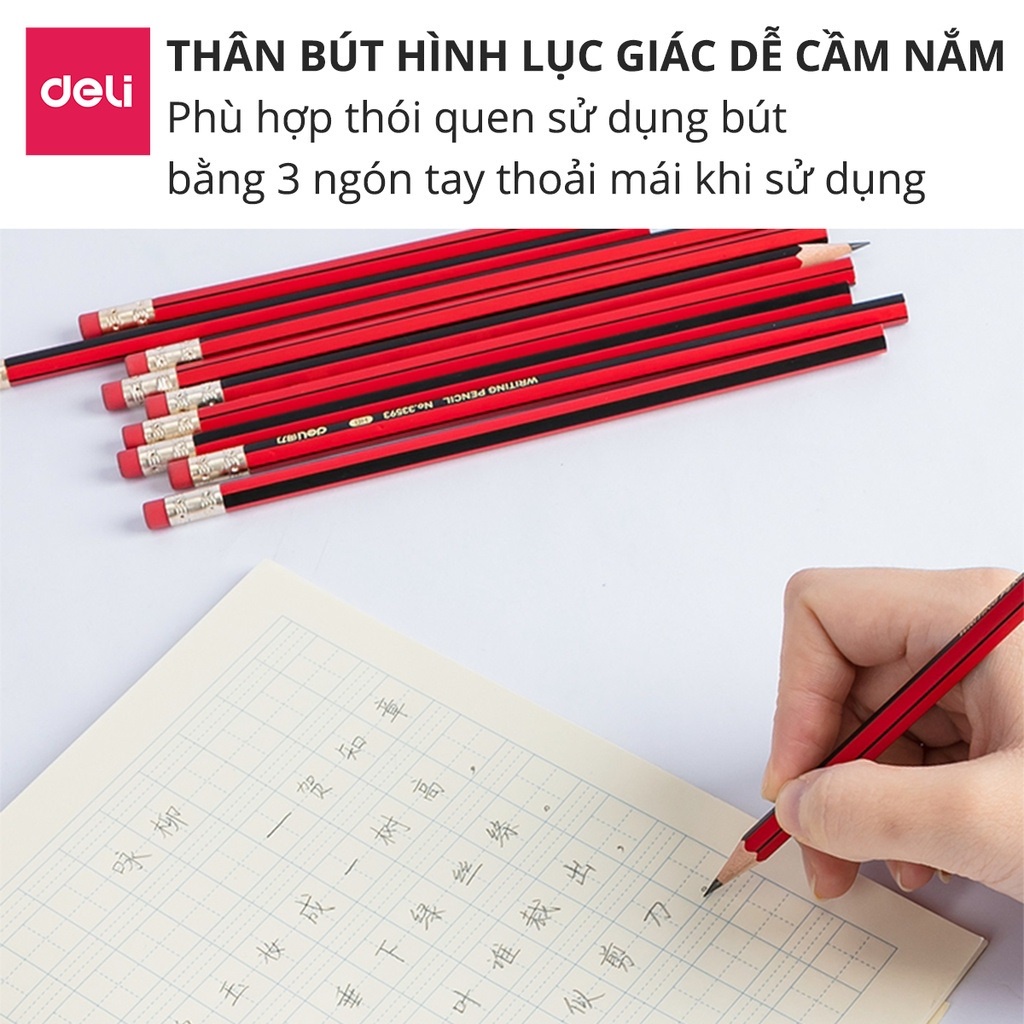 Bút chì lục giác Deli 2B/HB kèm đầu tẩy - bút chì gỗ dễ gọt phù hợp với học sinh, dân văn phòng, an toàn khi dùng