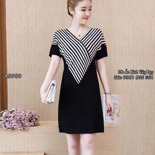 Đầm suông cổ V phối sọc (1 màu)