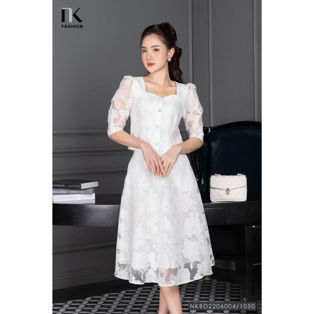 Set Công Sở NK Fashion Áo Tay Lỡ Kèm Chân Váy Xòe Hai Lớp Thanh Lịch, Chất Ren Cao Cấp Mềm Mát NKBD2206004