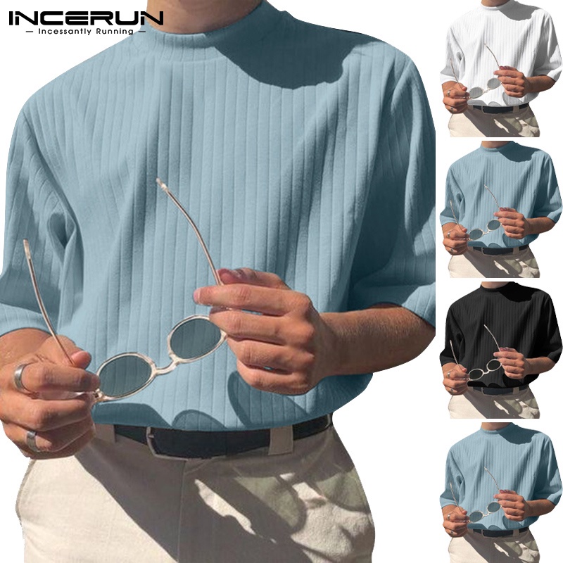 Áo thun INCERUN tay lỡ cổ tròn màu sắc đơn giản cho nam
