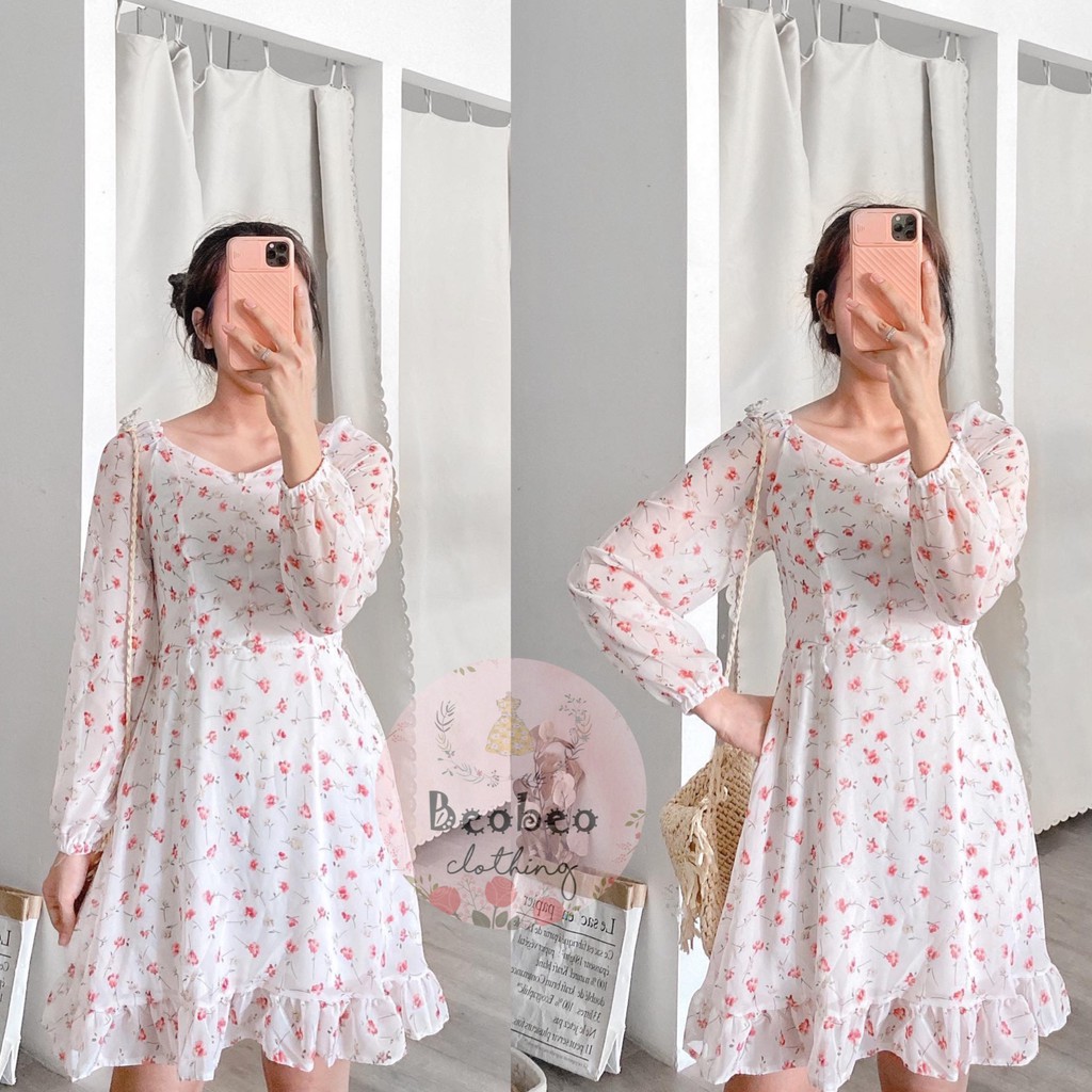 Đầm hoa nhí đuôi cá tay phồng phối nút vintage