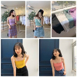 ÁO CROPTOP 2 DÂY CUỐN BIÊN ĐEN TRẮNG VÀNG HỒNG TÍM XANH - CROPTOP LEN TĂM NHÚN VIỀN BÈO NHIỀU MÀU kèm ảnh/video thật