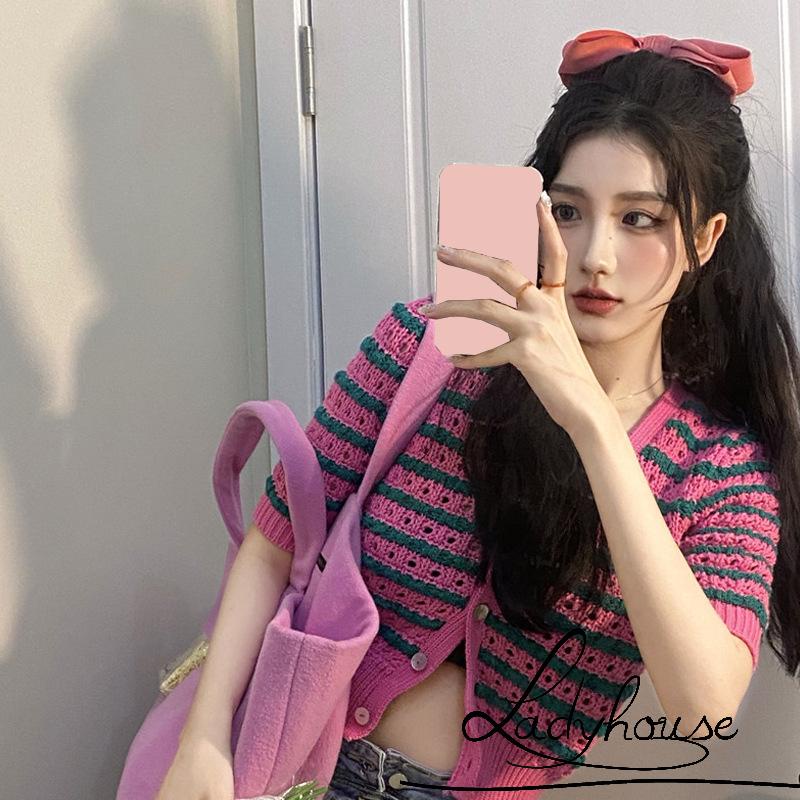 Áo cardigan dệt kim tay ngắn cổ chữ V cài nút họa tiết kẻ sọc thanh lịch cho nữ