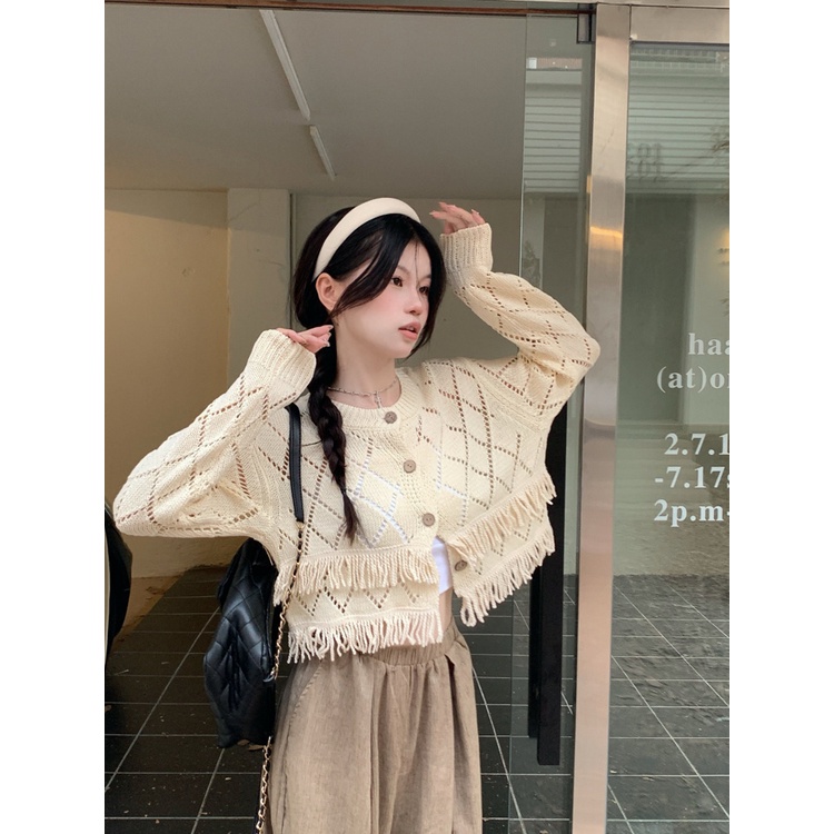 Áo cardigan ZHELIHANGFEI dệt kim tay dài lưng cao thiết kế tua rua phong cách thời trang