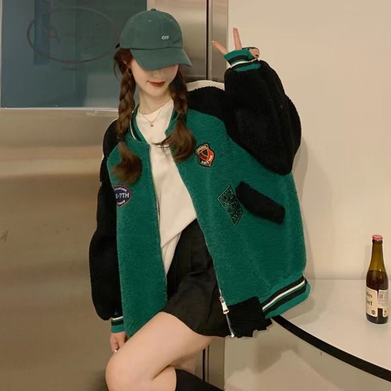 [Hàng Có Sẵn] Áo Khoác Bóng Chày Dáng Rộng Dày Giả Lông Cừu Phiên Bản Hàn Quốc 2023 Mới Cho Nữ