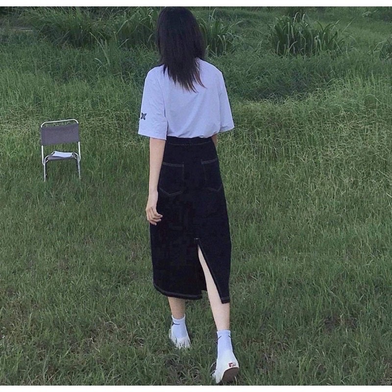 [Ảnh thật/video] Chân váy jeans dài / chân váy xẻ tà chỉ nổi Phong Cách Ulzzang Hàn quốc | BigBuy360 - bigbuy360.vn