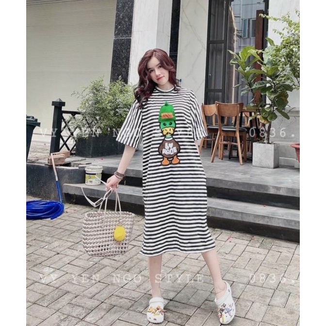 Váy suông dáng dài form rộng in hình vịt đội mũ love made, đầm bầu cộc tay phong cách năng động