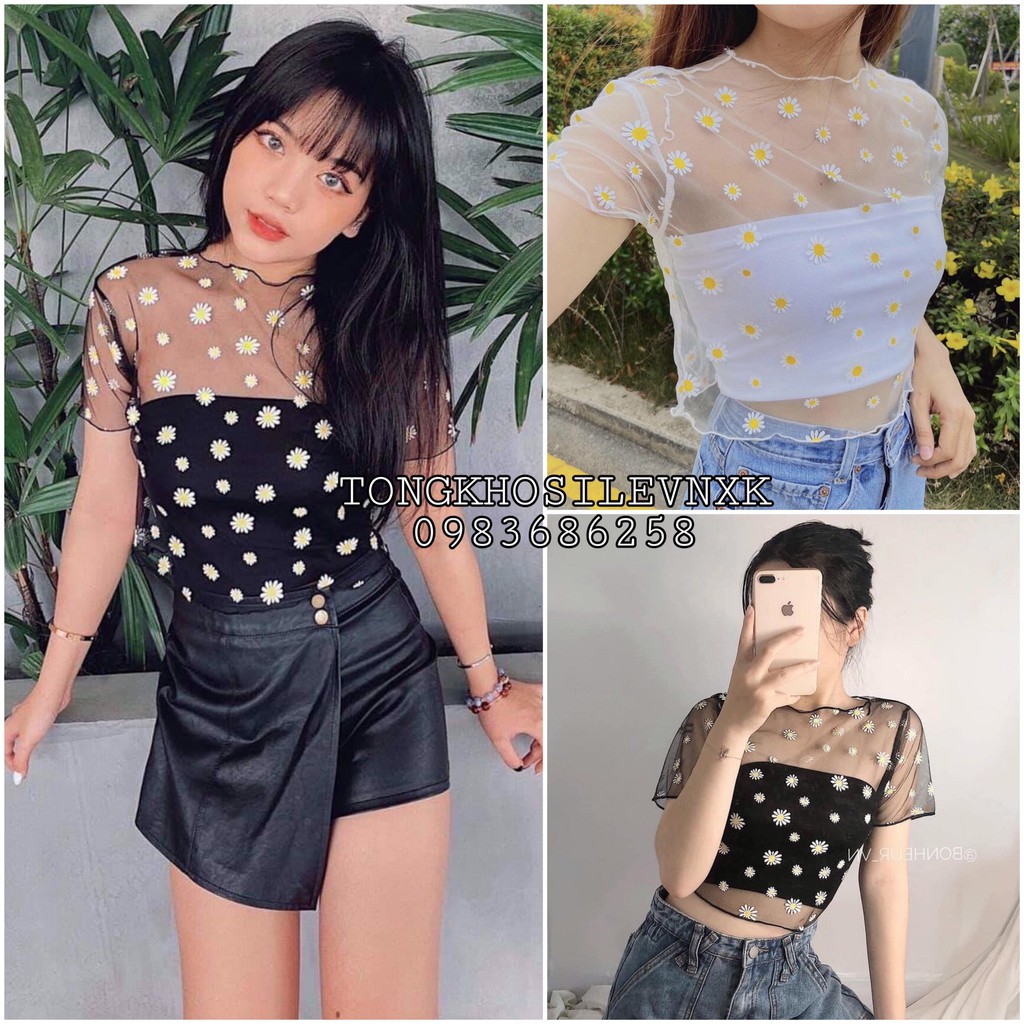 SET 2 MÓN CROPTOP HOA CÚC LƯỚI ❤️ SET ÁO TUBE QUÂY MIX ÁO REN LƯỚI CHIFON HOA CÚC ĐEN TRẮNG
