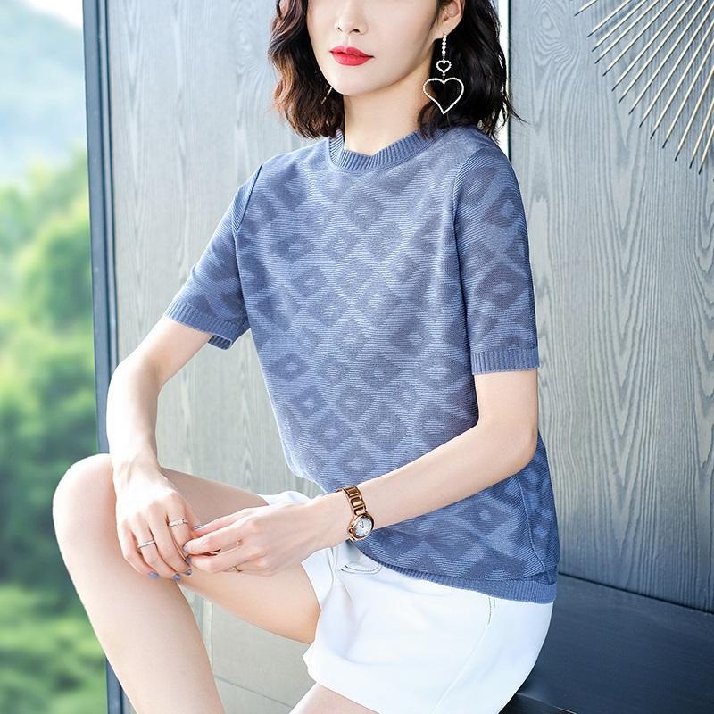 Áo thun dệt kim mỏng tay ngắn thời trang mùa hè cho phụ nữ trung niên