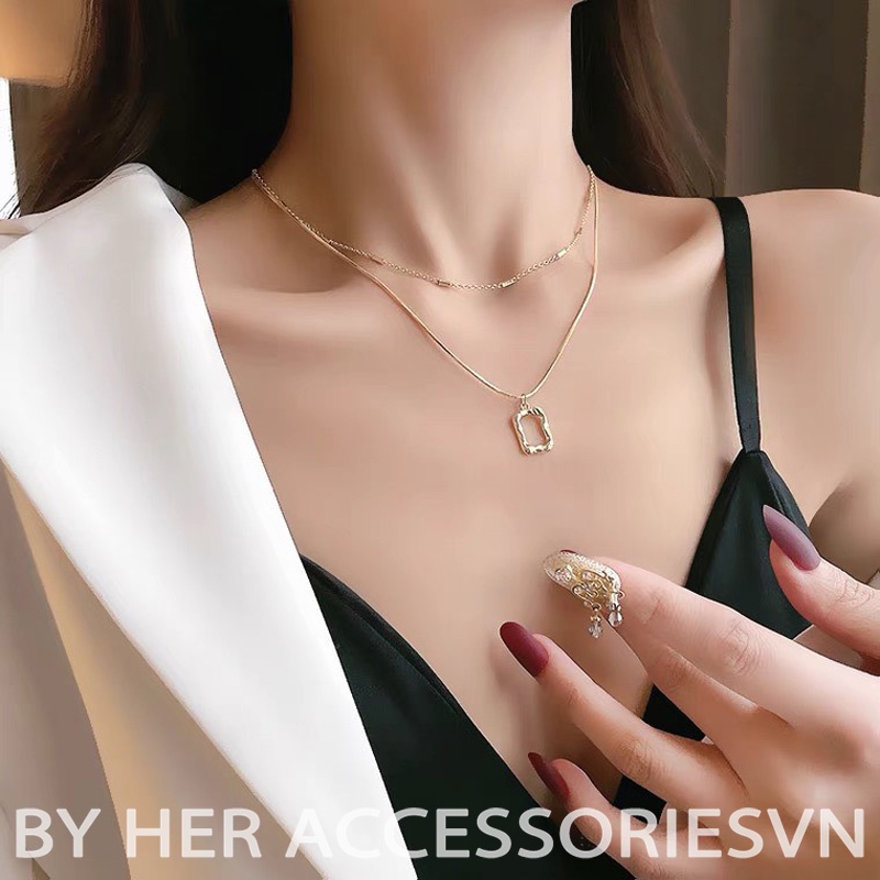 Dây Chuyền Măt Vuông, Chocker 2 tấng mặt vuông cá tính Her Asccessories C28