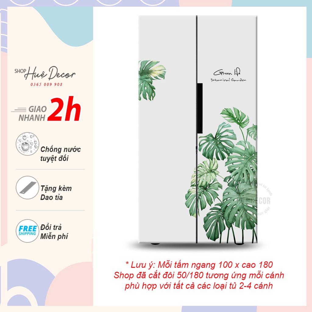 Decal dán tủ lạnh 2 cánh, 4 cánh lá cây nhiệt đới Green life hue decor, chống nước siêu bền, chất lượng, giá rẻ